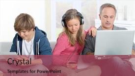  Presentation with electronic circuits and devices - Beautiful presentation theme featuring laptop computer - father and children using electronic backdrop and a violet colored foreground