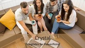  Presentation with college coffee shop - Slides having laptop computer - group of friends at local background and a coral colored foreground