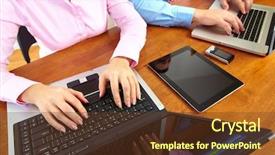  Presentation with technology - Amazing presentation theme having laptop computer - hands of people working backdrop and a  colored foreground