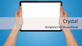  Presentation with trophy award hand holding - Theme enhanced with laptop computer - male hand holding a touchpad background and a sky blue colored foreground