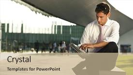  Presentation with tablets wood table tablet white - Cool new PPT theme with laptop computer - relaxed businessman using his pc backdrop and a soft green colored foreground