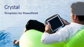  Presentation with tablet - Colorful presentation enhanced with laptop computer - relaxed man working with tablet backdrop and a  colored foreground