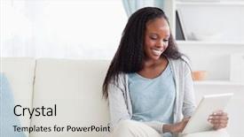  Presentation with tablet - Slide deck having laptop computer - smiling woman using tablet background and a light gray colored foreground