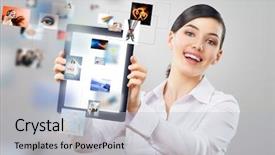  Presentation with tablet - PPT theme featuring laptop computer - woman holding a tablet pc background and a light gray colored foreground