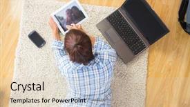  Presentation with living room - Theme consisting of laptop computer - young brunette woman lying background and a lemonade colored foreground