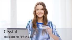  Presentation with teenage girl - Beautiful slide set featuring laptop computer and cradit card backdrop and a light blue colored foreground