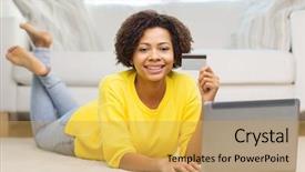  Presentation with money online shopping - Slide set having laptop computer and credit card background and a yellow colored foreground