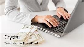  Presentation with internet - PPT theme enhanced with laptop computer and dollar money background and a soft green colored foreground