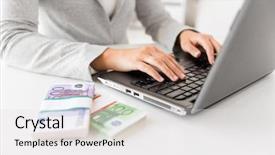  Presentation with investment money - Beautiful slide deck featuring laptop computer and euro backdrop and a white colored foreground