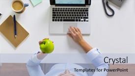  Presentation with green office - PPT theme with laptop computer and green apple background and a light blue colored foreground