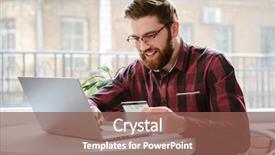  Presentation with photo - Presentation design enhanced with laptop computer and holding debit background and a violet colored foreground