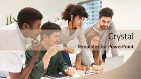  Presentation with start up business - Cool new PPT theme with laptop computer at project development backdrop and a coral colored foreground