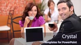  Presentation with laptop blank screen - Colorful PPT theme enhanced with laptop computer in a cafe backdrop and a wine colored foreground