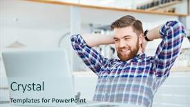  Presentation with coffee shop - Beautiful slide deck featuring laptop computer in coffee shop backdrop and a sky blue colored foreground