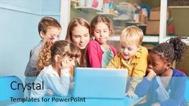  Presentation with elementary children - Cool new slide set with laptop computer in elementary school backdrop and a light blue colored foreground