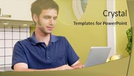  Presentation with cyber stalking computer laptop suffering - Presentation theme enhanced with laptop computer in the kicthen background and a yellow colored foreground