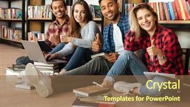  Presentation with students - Beautiful presentation theme featuring laptop computer looking at camera backdrop and a violet colored foreground