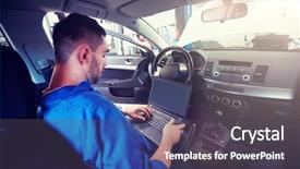  Presentation with mechanic car service repair maintenance - Cool new presentation design with laptop computer making system diagnostic backdrop and a dark gray colored foreground