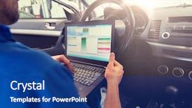  Presentation with computer workshop - Presentation design enhanced with laptop computer making system diagnostic background and a ocean colored foreground