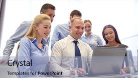  Presentation with business communication - Presentation theme featuring laptop computer making video conference background and a light blue colored foreground