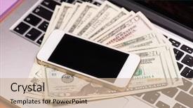  Presentation with mobile money - Colorful slide set enhanced with laptop computer mobile phone backdrop and a  colored foreground