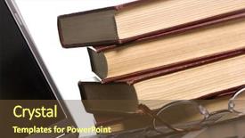  Presentation with study - PPT theme consisting of laptop computer on a table with several study books in the background background and a tawny brown colored foreground