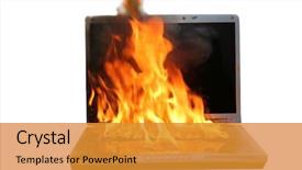  Presentation with fire damage - PPT theme consisting of laptop computer on fire isolated background and a gold colored foreground