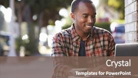  Presentation with black man - Presentation theme featuring laptop computer outside a cafe background and a violet colored foreground