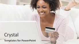  Presentation with african american women in computer - Slide deck featuring laptop computer shopping on line background and a light gray colored foreground