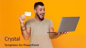  Presentation with casual young people - Slides featuring laptop computer showing credit card background and a gold colored foreground