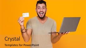  Presentation with young man holdng laptop on lap money - Colorful theme enhanced with laptop computer showing credit card backdrop and a gold colored foreground