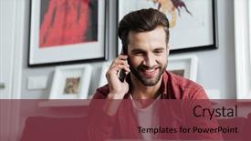  Presentation with cheerful - Beautiful presentation theme featuring laptop computer talking by telephone backdrop and a tawny brown colored foreground