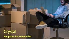  Presentation with construction documents - Slide set consisting of laptop computer with cardboard box background and a  colored foreground