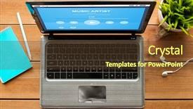  Presentation with music business - Amazing theme having laptop computer with music player backdrop and a tawny brown colored foreground