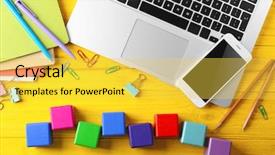  Presentation with mango fruit and mango cubes - Amazing PPT theme having laptop copybook and wooden cubes backdrop and a yellow colored foreground