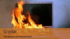  Presentation with fire damage - Theme having laptop damage laptop on fire background and a gold colored foreground