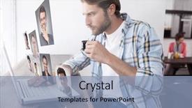  Presentation with laptop - PPT theme having laptop drinking espresso against profile background and a light blue colored foreground