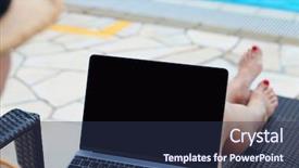  Presentation with young man holdng laptop on lap money - Cool new presentation design with laptop for work or education backdrop and a ocean colored foreground