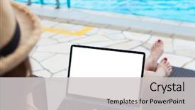  Presentation with young man holdng laptop on lap money - Amazing presentation design having laptop for work or education backdrop and a light gray colored foreground