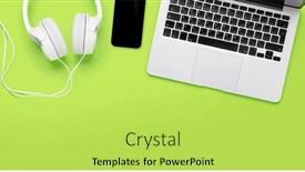  Presentation with laptop blank screen - PPT theme consisting of laptop-headphones-and-smartphone background and a yellow colored foreground