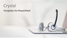  Presentation with headphones - Audience pleasing slide deck consisting of laptop-headphones-with-microphone backdrop and a white colored foreground