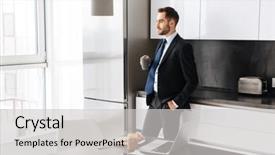  Presentation with formal events - Slide set with suit holding cup of tea background and a light gray colored foreground