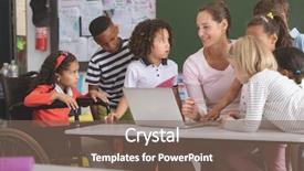  Presentation with global laptop - PPT layouts featuring laptop in classroom at school background and a violet colored foreground