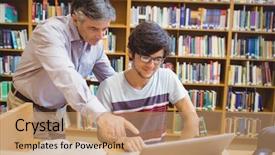  Presentation with electronic library - Slides featuring laptop in college library background and a coral colored foreground