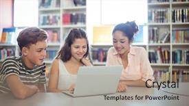  Presentation with library - Presentation theme enhanced with secondary - happy students using laptop background and a coral colored foreground