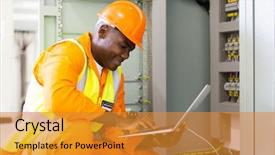  Presentation with african american in technology - Audience pleasing PPT layouts consisting of laptop in machine control room backdrop and a gold colored foreground