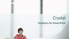  Presentation with laptop - Audience pleasing PPT theme consisting of cubicles - thoughtful young woman sitting backdrop and a  colored foreground