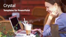  Presentation with internet cafe - PPT theme with laptop in street cafe background and a tawny brown colored foreground