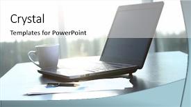  Presentation with workplace - Colorful slide set enhanced with laptop in the workplace backdrop and a white colored foreground