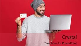  Presentation with red and silver - Colorful slide deck enhanced with laptop isolated over red background backdrop and a red colored foreground